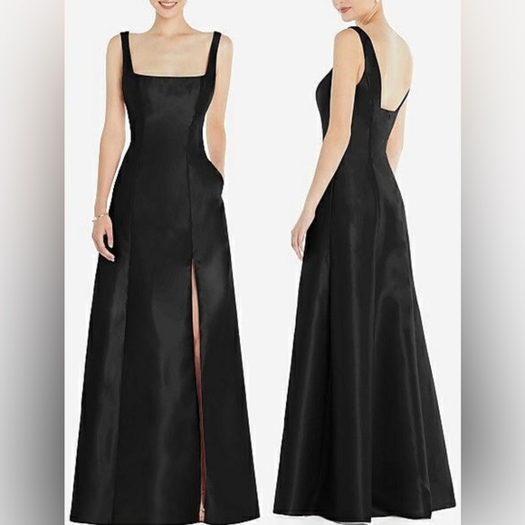 New Alfred Sung Square Neck Satin A-Line Black Gown D826 Sz 6 - Picture 1 of 6